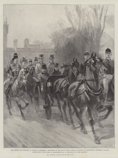 El príncipe y la princesa de Gales en Blenheim, salida del grupo real bajo una escolta de la caballería de la milicia de Oxfordshire comandada por el duque de Marlborough como teniente del regimiento de Melton Prior